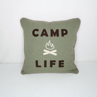 Sunbrella Monogrammed Pillow- 18x18 - Camp Life - Beige on Green with Beige Welt