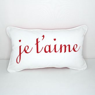 Sunbrella Monogrammed Holiday Pillow- 20x12 - Valentines - Je T'aime - Red on White with White Welt