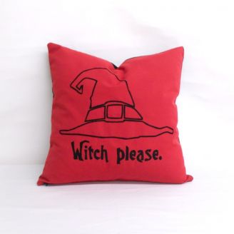 Sunbrella Monogrammed Holiday Pillow- 18x18 - Halloween - Witch Please - Black on Red