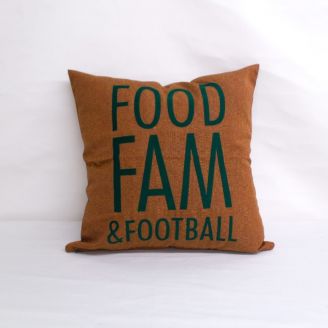 Sunbrella Monogrammed Holiday Pillow- 20x20 - Food, Fam and Football - Green on Brown