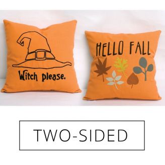 Sunbrella Monogrammed Holiday Pillow- 18x18 - Front: Witch Please in Black / Back: Hello Fall in Multicolor - on Orange - REVERSIBLE