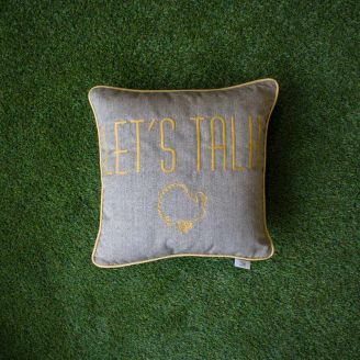 Sunbrella Monogrammed Holiday Pillow- 18x18 - Thanksgiving - Let's Talk Turkey - Gold on Grey with Gold Welt