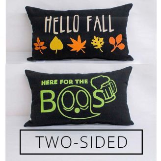 Sunbrella Monogrammed Holiday Pillow- 20x12 - Front: Boos in Lime Green / Back: Hello Fall in Multicolor - on Black - REVERSIBLE
