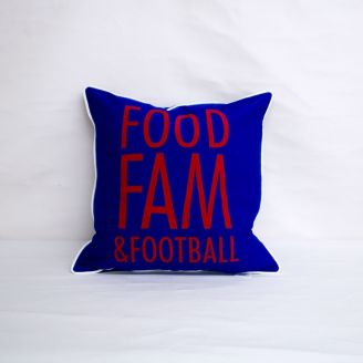Sunbrella Monogrammed Holiday Pillow- 20x20 - Food, Fam and Football - Red on Blue with White Welt