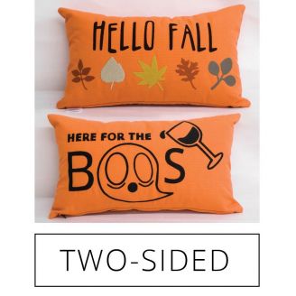 Sunbrella Monogrammed Holiday Pillow- 20x12 - Front: Boos in Black / Back: Hello Fall in Multicolor - on Orange - REVERSIBLE