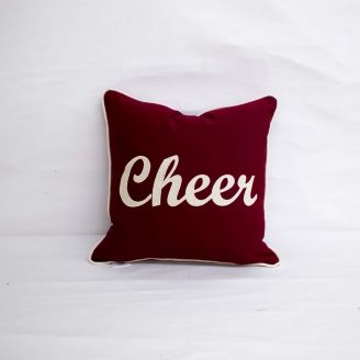 Sunbrella Monogrammed Holiday Pillow- 15x15 - Christmas - Cheer - Beige on Dark Red with Beige Welt